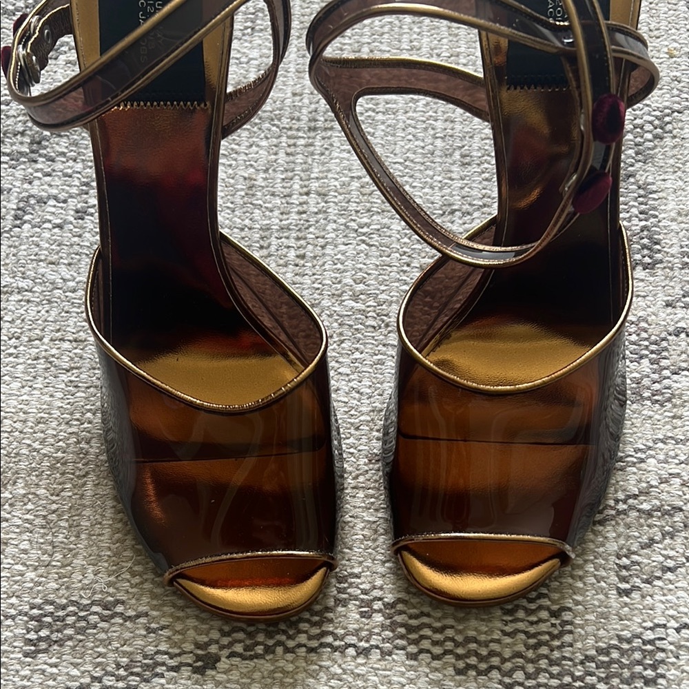 Marc Jacobs Metallic Bronze and Brown PVC Peep-Toe Block Heel / Wedge Sandals - Picture 7 of 10